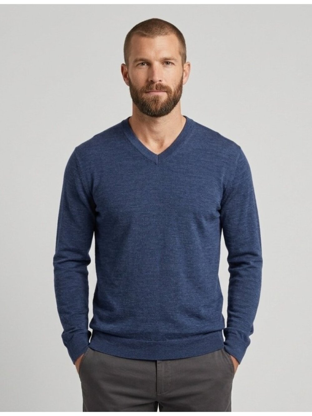 Ibex Blue Merino Wool Blend V-Neck Sweater - Large